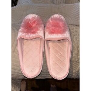 Vintage Look Pink Feather Trim Slippers Plush Velour Quilted Sole Slip On House